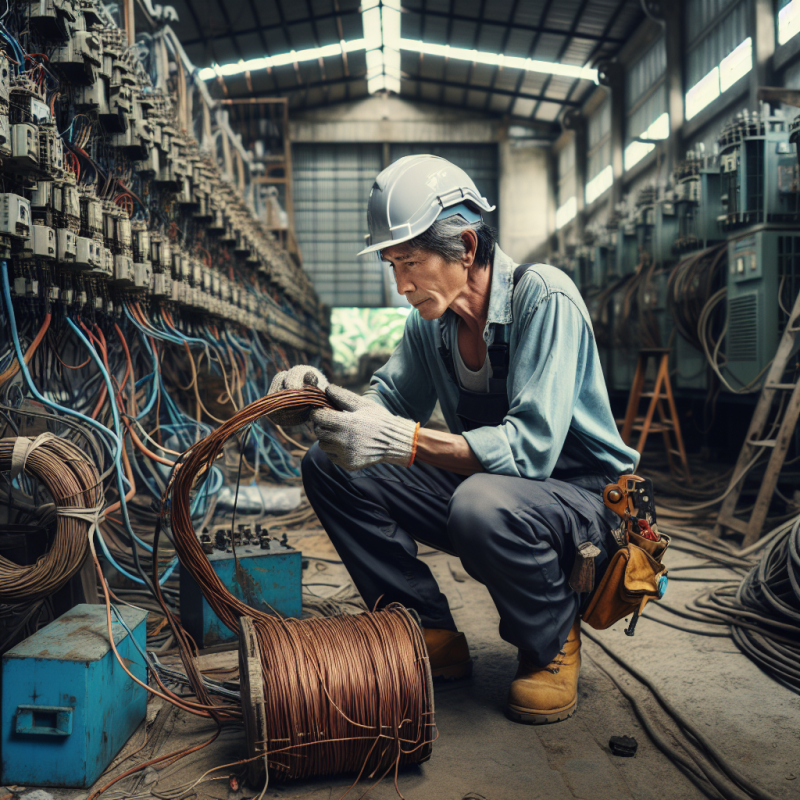 Nhân viên Phú Đức kiểm tra dây điện cũ trong nhà kho.