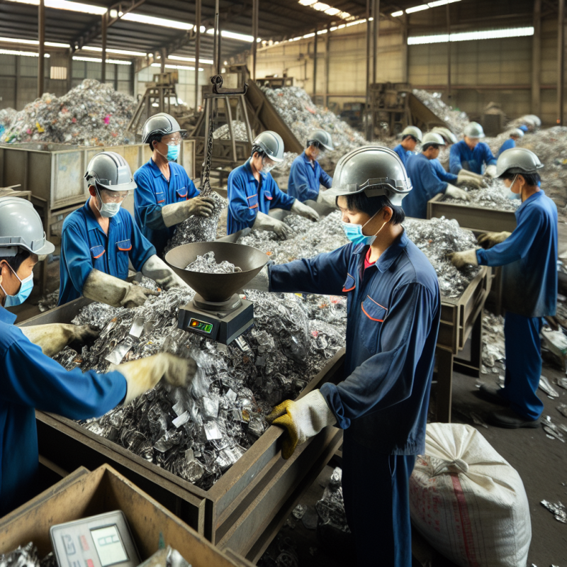 Công nhân Việt Nam phân loại nhôm tại nhà máy tái chế.